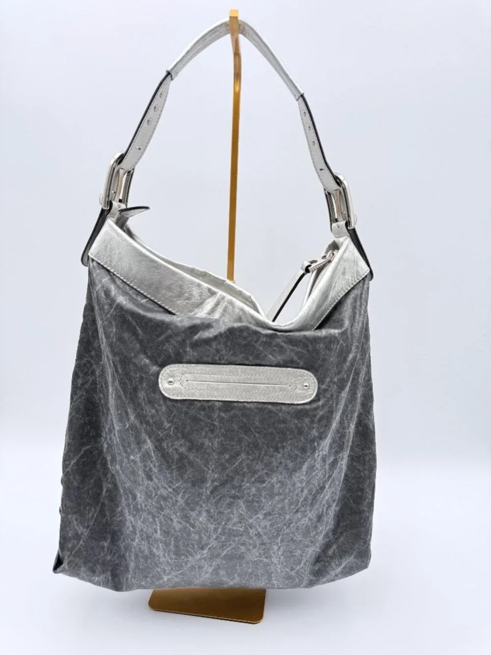 B. Makowsky Silver & Gray Hobo Bag With Studded Zipper Accents Adjustable Strap